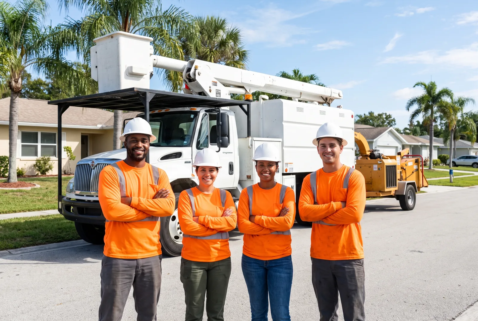The Port St. Lucie Tree Co. crew in front of their bucket truck and chipper