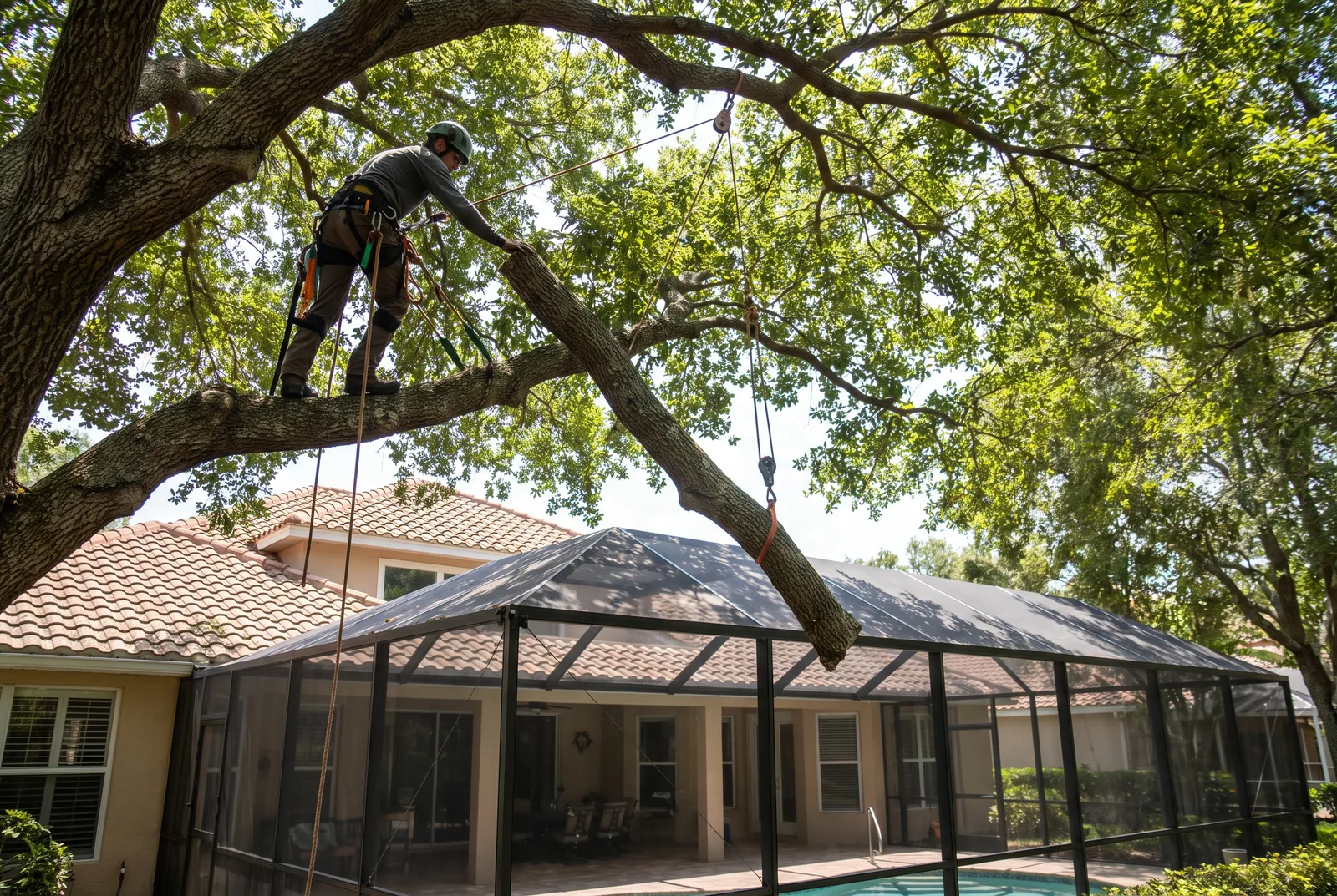 Climber roping down a limb over a screened pool cage during a tree removal in Port St. Lucie